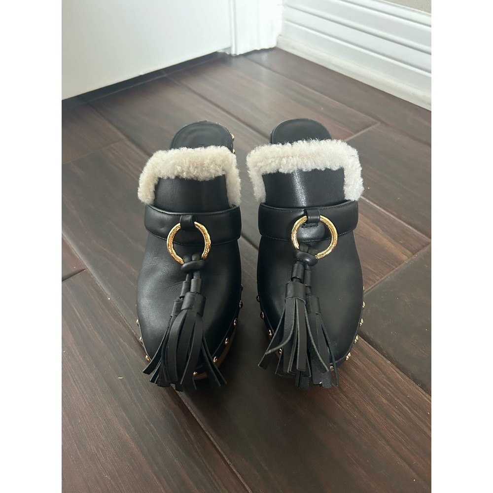 ULLA JOHNSON Vera black leather shearling tassels clogs mules size 37